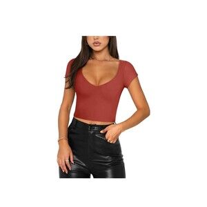 REORIA Womens V Neck Short Sleeve Double Lined Slimming T-Shirt Crop Top Medium